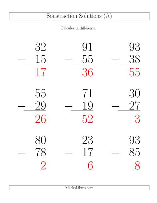 Soustraction de nombres à deux chiffres (toutes avec retenue) (Gros Caractères) page 2