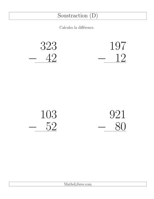 Soustraction Multi-Chiffres -- 3-chiffres moins 2-chiffres (6 par page) (D)