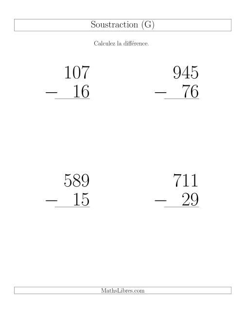 Soustraction Multi-Chiffres -- 3-chiffres moins 2-chiffres (6 par page) (G)