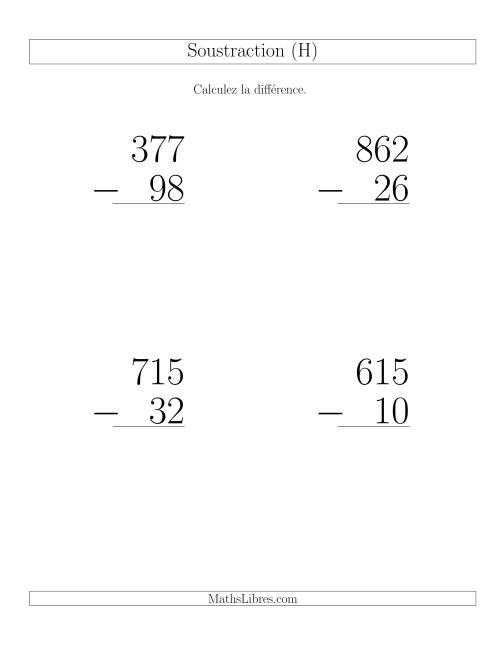 Soustraction Multi-Chiffres -- 3-chiffres moins 2-chiffres (6 par page) (H)