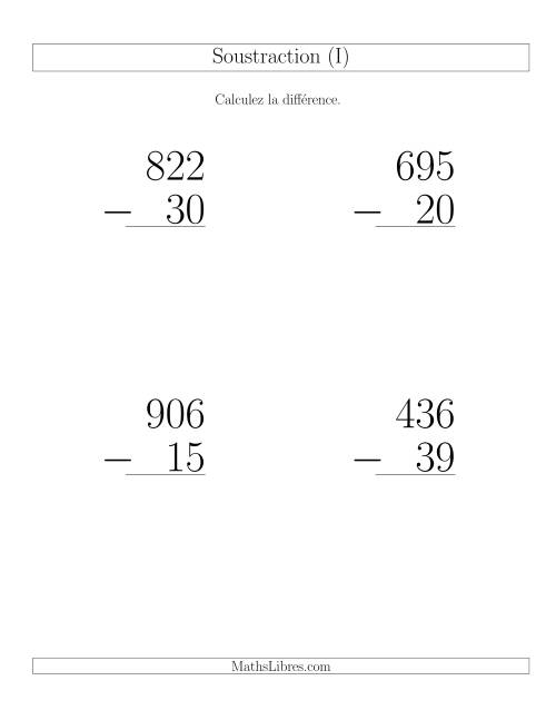 Soustraction Multi-Chiffres -- 3-chiffres moins 2-chiffres (6 par page) (I)