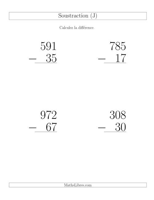 Soustraction Multi-Chiffres -- 3-chiffres moins 2-chiffres (6 par page) (J)