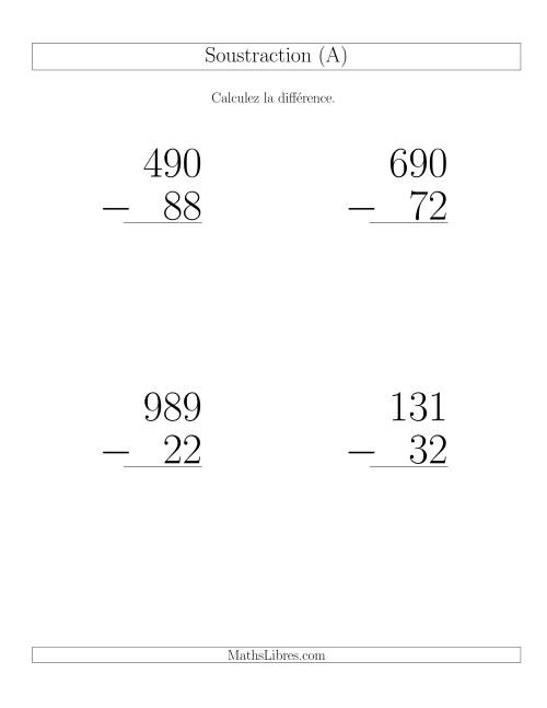 Soustraction Multi-Chiffres -- 3-chiffres moins 2-chiffres (6 par page) (Gros Caractères)