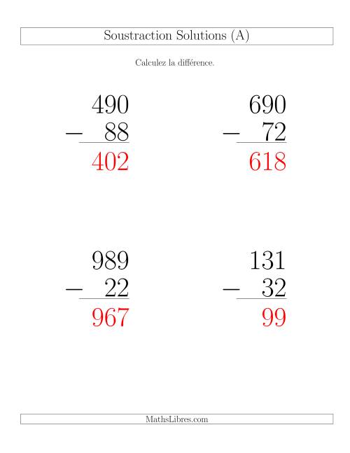 Soustraction Multi-Chiffres -- 3-chiffres moins 2-chiffres (6 par page) (Gros Caractères) page 2