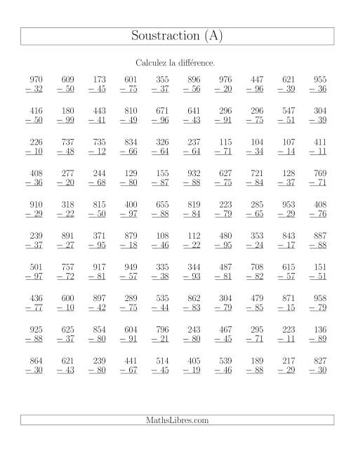 Soustraction Multi-Chiffres -- 3-chiffres moins 2-chiffres (100 par page) (A)