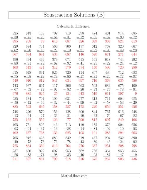Soustraction Multi-Chiffres -- 3-chiffres moins 2-chiffres (100 par page) (B) page 2