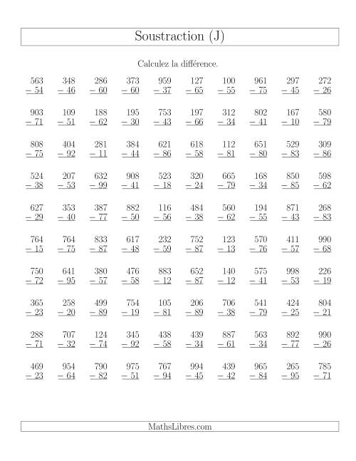 Soustraction Multi-Chiffres -- 3-chiffres moins 2-chiffres (100 par page) (J)