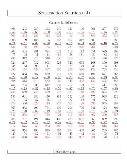 Soustraction Multi-Chiffres -- 3-chiffres moins 2-chiffres (100 par page) (J) page 2