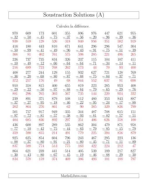 Soustraction Multi-Chiffres -- 3-chiffres moins 2-chiffres (100 par page) (Tout) page 2