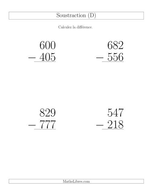 Soustraction Multi-Chiffres -- 3-chiffres moins 3-chiffres (6 par page) (D)