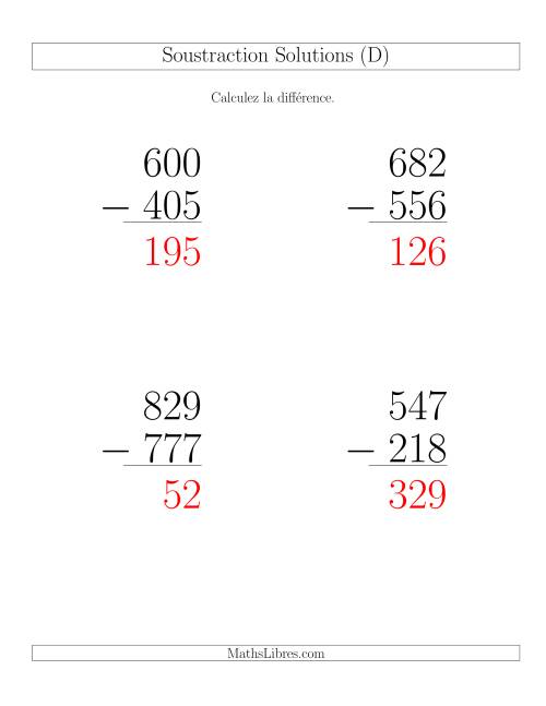 Soustraction Multi-Chiffres -- 3-chiffres moins 3-chiffres (6 par page) (D) page 2