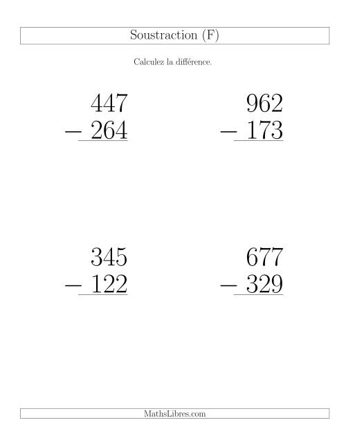Soustraction Multi-Chiffres -- 3-chiffres moins 3-chiffres (6 par page) (F)