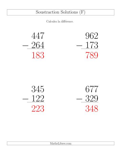 Soustraction Multi-Chiffres -- 3-chiffres moins 3-chiffres (6 par page) (F) page 2