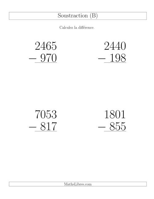 Soustraction Multi-Chiffres -- 4-chiffres moins 3-chiffres (6 par page) (B)