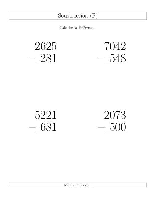 Soustraction Multi-Chiffres -- 4-chiffres moins 3-chiffres (6 par page) (F)
