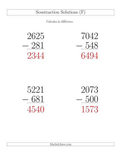 Soustraction Multi-Chiffres -- 4-chiffres moins 3-chiffres (6 par page) (F) page 2