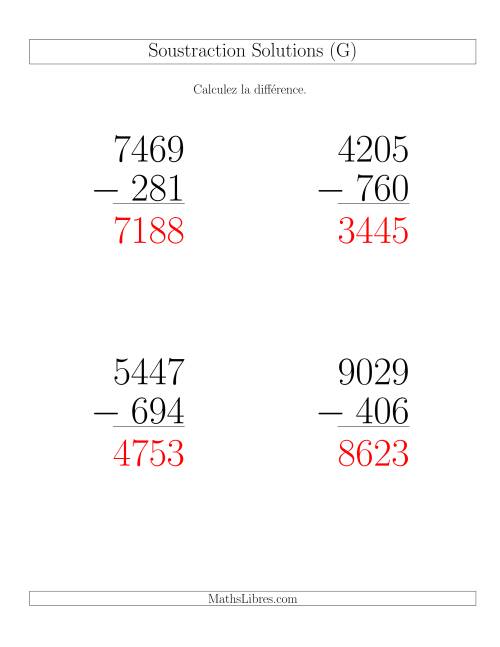 Soustraction Multi-Chiffres -- 4-chiffres moins 3-chiffres (6 par page) (G) page 2