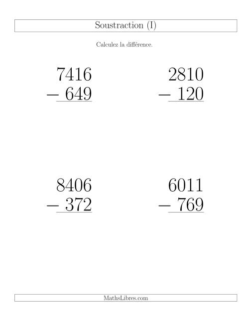 Soustraction Multi-Chiffres -- 4-chiffres moins 3-chiffres (6 par page) (I)
