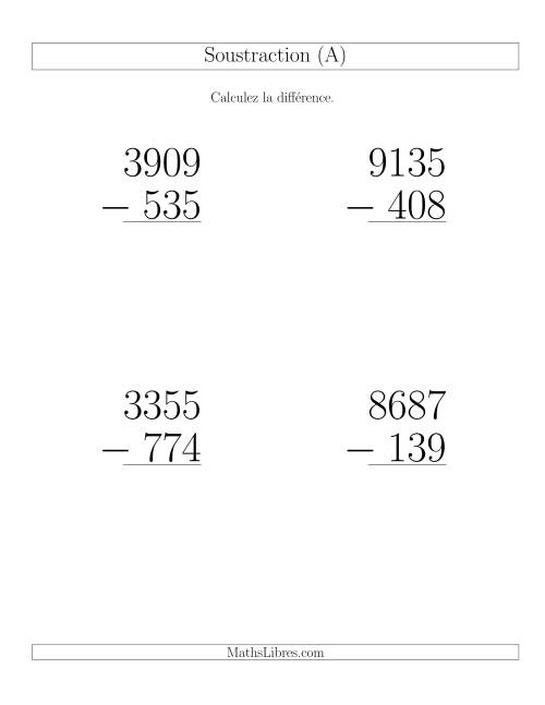 Soustraction Multi-Chiffres -- 4-chiffres moins 3-chiffres (6 par page) (Gros Caractères)