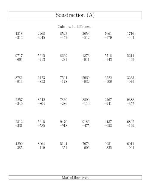 Soustraction Multi-Chiffres -- 4-chiffres moins 3-chiffres (36 par page) (A)