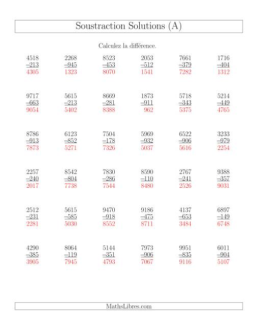 Soustraction Multi-Chiffres -- 4-chiffres moins 3-chiffres (36 par page) (A) page 2