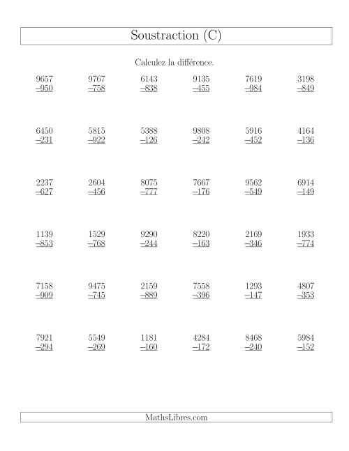 Soustraction Multi-Chiffres -- 4-chiffres moins 3-chiffres (36 par page) (C)