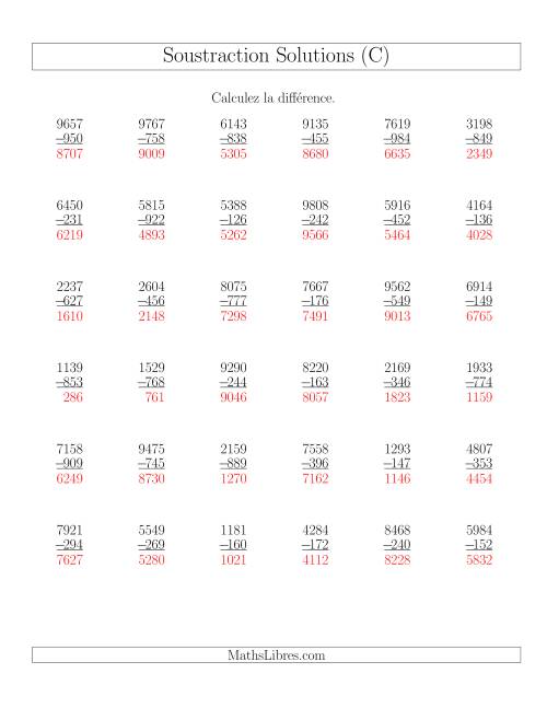 Soustraction Multi-Chiffres -- 4-chiffres moins 3-chiffres (36 par page) (C) page 2