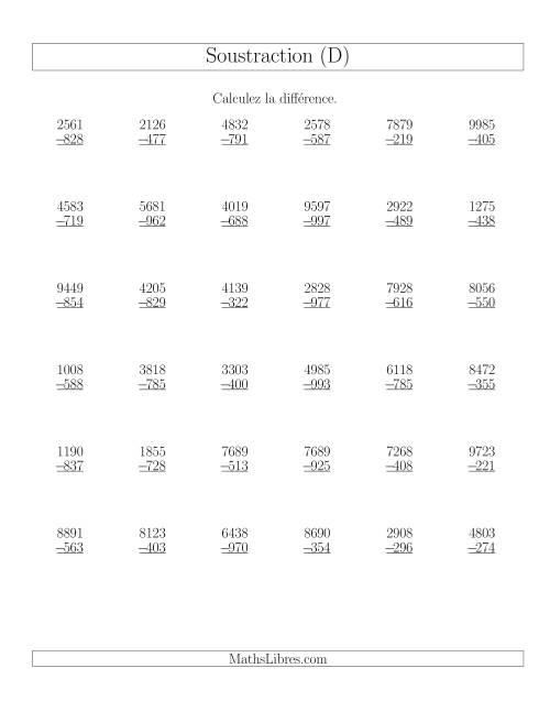Soustraction Multi-Chiffres -- 4-chiffres moins 3-chiffres (36 par page) (D)