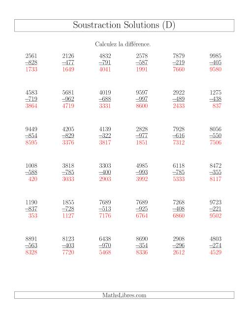Soustraction Multi-Chiffres -- 4-chiffres moins 3-chiffres (36 par page) (D) page 2