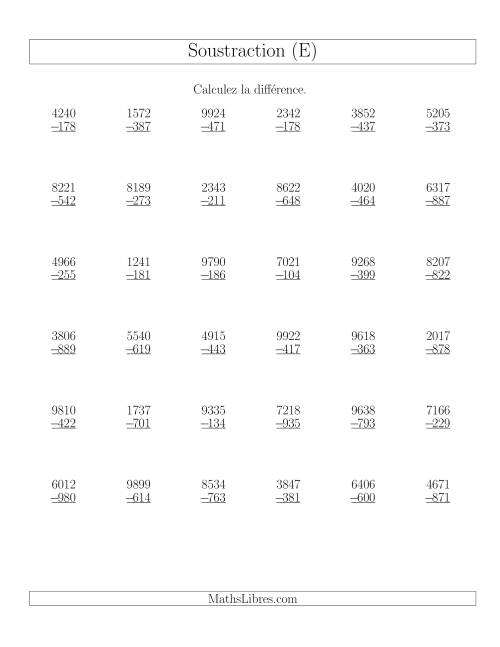 Soustraction Multi-Chiffres -- 4-chiffres moins 3-chiffres (36 par page) (E)