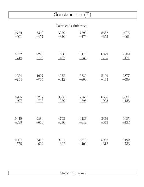Soustraction Multi-Chiffres -- 4-chiffres moins 3-chiffres (36 par page) (F)