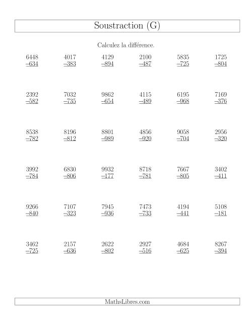 Soustraction Multi-Chiffres -- 4-chiffres moins 3-chiffres (36 par page) (G)