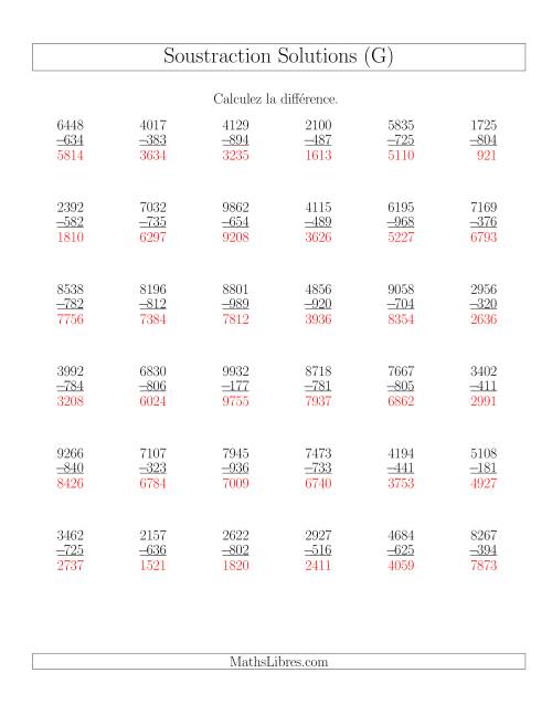 Soustraction Multi-Chiffres -- 4-chiffres moins 3-chiffres (36 par page) (G) page 2