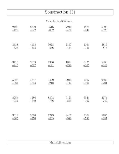 Soustraction Multi-Chiffres -- 4-chiffres moins 3-chiffres (36 par page) (J)