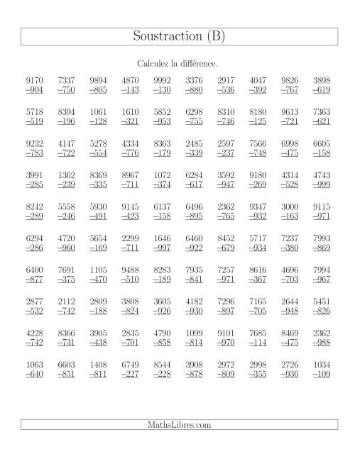 Soustraction Multi-Chiffres -- 4-chiffres moins 3-chiffres (100 par page) (B)