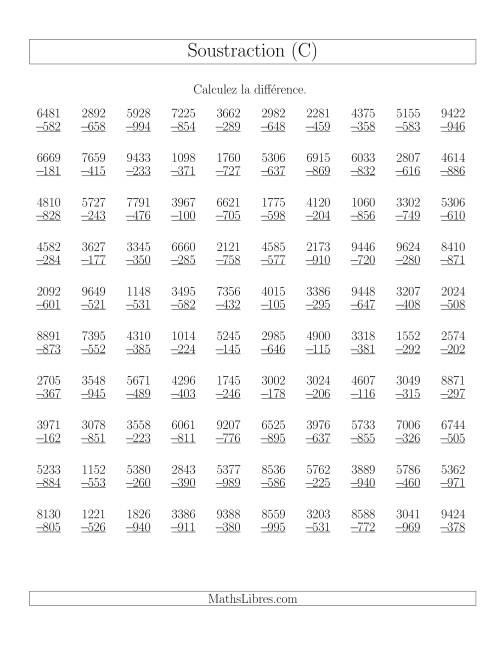 Soustraction Multi-Chiffres -- 4-chiffres moins 3-chiffres (100 par page) (C)