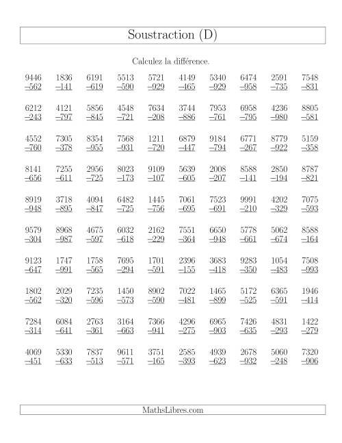 Soustraction Multi-Chiffres -- 4-chiffres moins 3-chiffres (100 par page) (D)
