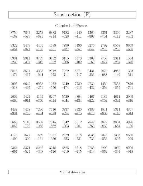 Soustraction Multi-Chiffres -- 4-chiffres moins 3-chiffres (100 par page) (F)