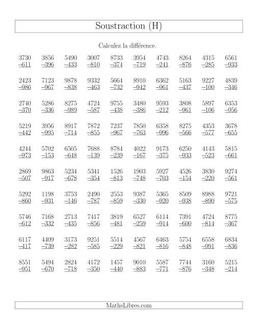 Soustraction Multi-Chiffres -- 4-chiffres moins 3-chiffres (100 par page) (H)