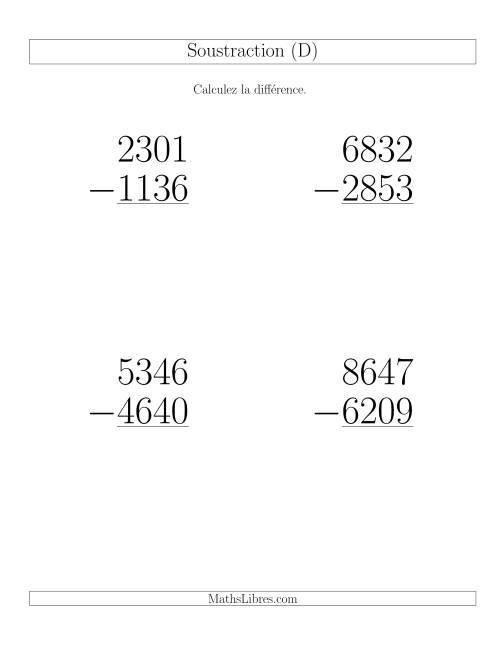 Soustraction Multi-Chiffres -- 4-chiffres moins 4-chiffres (36 par page) (D)