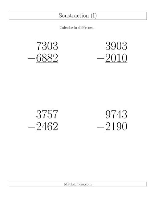 Soustraction Multi-Chiffres -- 4-chiffres moins 4-chiffres (36 par page) (I)