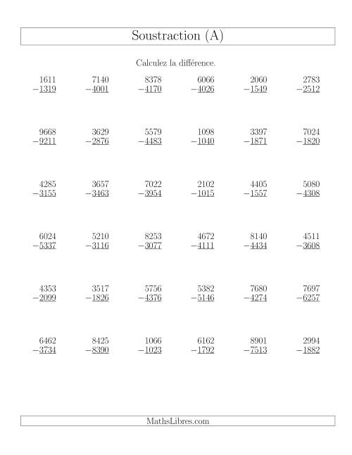 Soustraction Multi-Chiffres -- 4-chiffres moins 4-chiffres (36 par page) (A)