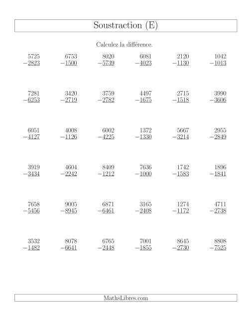 Soustraction Multi-Chiffres -- 4-chiffres moins 4-chiffres (36 par page) (E)