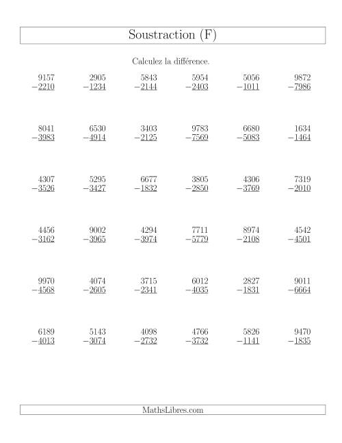 Soustraction Multi-Chiffres -- 4-chiffres moins 4-chiffres (36 par page) (F)