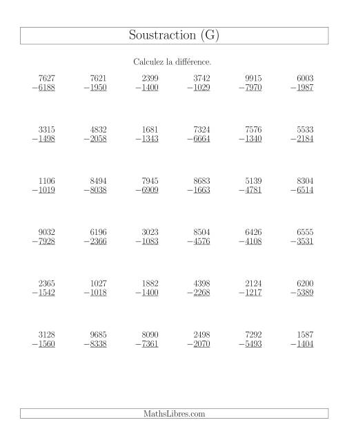 Soustraction Multi-Chiffres -- 4-chiffres moins 4-chiffres (36 par page) (G)