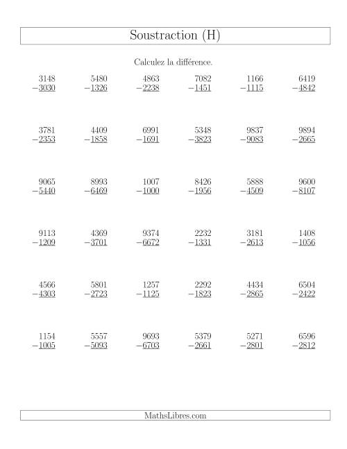 Soustraction Multi-Chiffres -- 4-chiffres moins 4-chiffres (36 par page) (H)