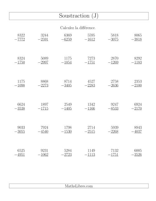 Soustraction Multi-Chiffres -- 4-chiffres moins 4-chiffres (36 par page) (J)