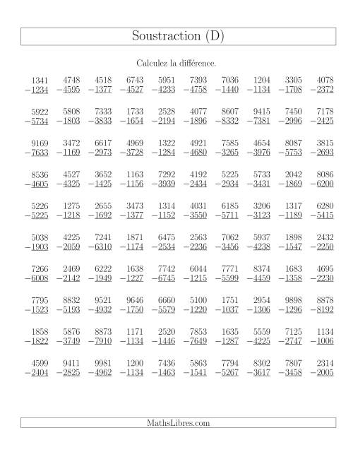 Soustraction Multi-Chiffres -- 4-chiffres moins 4-chiffres (100 par page) (D)