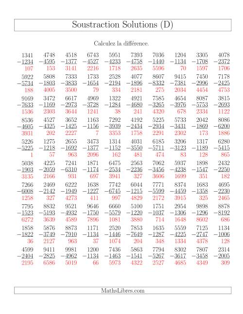 Soustraction Multi-Chiffres -- 4-chiffres moins 4-chiffres (100 par page) (D) page 2