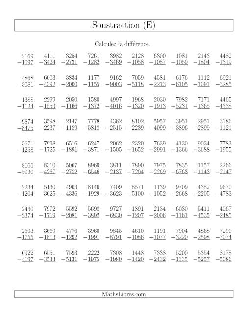 Soustraction Multi-Chiffres -- 4-chiffres moins 4-chiffres (100 par page) (E)